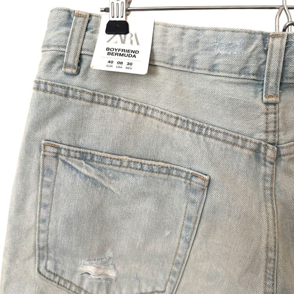 ZARA Boyfriend Bermuda Denim Distressed Light Wash Shorts NWT SZ 8 - Picture 4 of 5